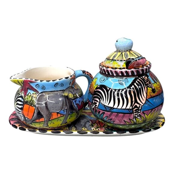 Penzo HandPainted Ceramic Safari Creamer Sugar Set Underplate Tray Zebra Giraffe